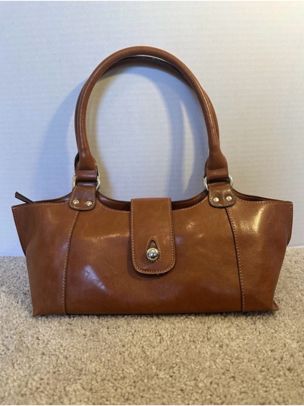 Emilie M Women's Tan Satchel Bag with Front Tab Closure